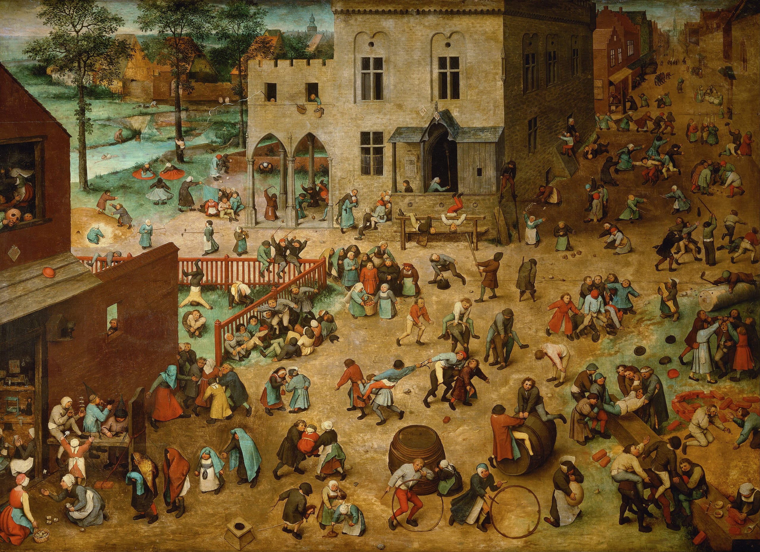 Children playing different games together in a town square, painted by Pieter Bruegel the Elder in 1560.