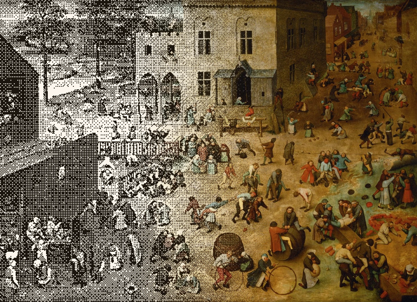 Pieter Bruegel the Elder — Children’s Games, 1560, resolving from a one-bit ordered dither on the left into the painting on the right